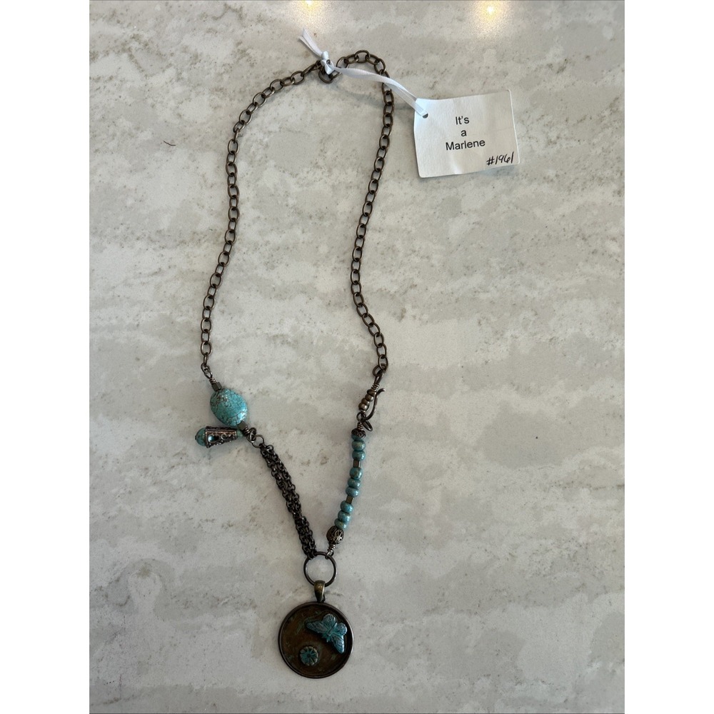 Artisan Marlene Brass Necklace‎ Turquoise Beads Butterfly Pendant Boho Handmade